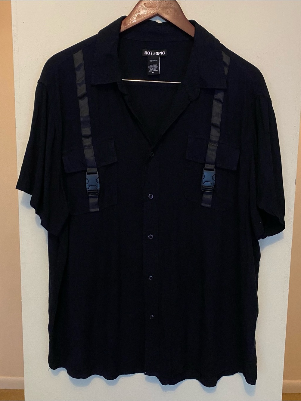 Y2K Hot Topic Black Buckle Strap Pocket Button Down Shirt Men’s XL Emo Mall Goth